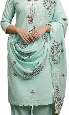 Readymade Fulkari Chanderi Cotton Fabric Salwar Suit With Dupatta For Women Indian Pakistani Style