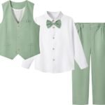 LOLANTA Boys Linen Suit Dress Clothes 4 Piece Kids Graduation Wedding Outfit, Shirt, Vest and Pants Set, Bow Tie