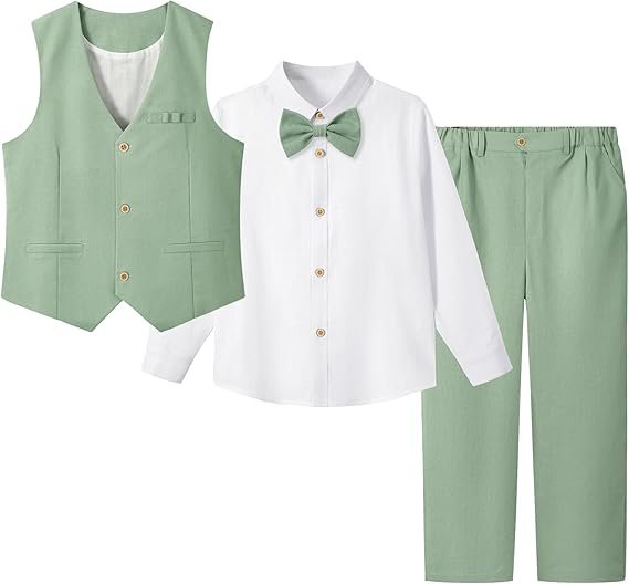 616I-CcX9L._AC_SX569_.jpg LOLANTA Boys Linen Suit Dress Clothes 4 Piece Kids Graduation Wedding Outfit, Shirt, Vest and Pants Set, Bow Tie - Image 1