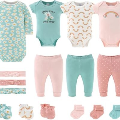 The Peanutshell Baby Girl Layette Set - 16 Piece Newborn Gift Set, Floral Rainbow, Multi, 0-3 Months