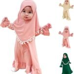 Newborn Girls Prayer Dress Cute Muslim Clothes for Toddler Baby Kids Long Sleeve Abaya with Hijab Two Piece Set
