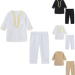 Girls Boys Muslim Clothing Set Long Sleeve Kaftan Suit Middle East Youth Embroidered Top with Pants Islamic Abaya