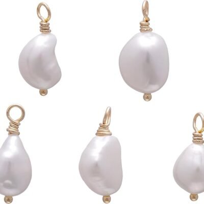 5 Pcs Handmade Baroque Pearl Charms Wire Wrapped Freshwater Pearls 8-10mm, Yellow Gold Tone