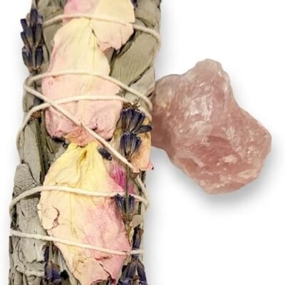 White Sage Smudge Stick with Rose Petals & Lavender Includes Rose Quartz Crystal Chunk, Energy Cleansing Bundle for Meditation, Love Manifesting, Calm & Spiritual Gift