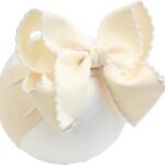 6'' Jumbo Beige Baby Bow Headbands, Handmade Grosgrain Moonstitch Boutique Baby Headwraps for Girls, Super Stretchy Soft Nylon Hairbands for Newborns, Infants & Toddlers
