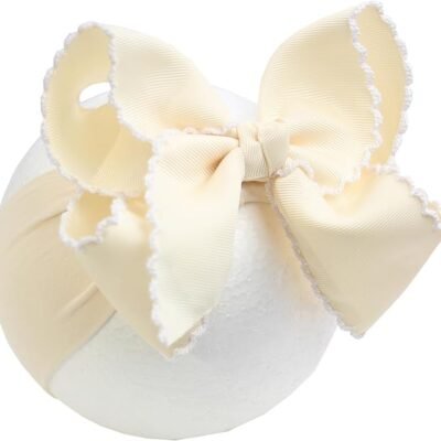 6'' Jumbo Beige Baby Bow Headbands, Handmade Grosgrain Moonstitch Boutique Baby Headwraps for Girls, Super Stretchy Soft Nylon Hairbands for Newborns, Infants & Toddlers
