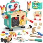 Lehoo Castle Wooden Robot Kids Tool Set - Montessori Construction Toys for 2+ Years Old, Toddler Tool Box Bench with Blackboard, Educational Learning Toy Gift for Boys Girls Aged 2 3 4