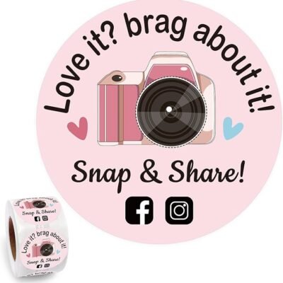 500 Love It Brag About It Snap Share Stickers - Pink Review, Boutique Packaging Handmade, Small Business Must Haves Social Media Roll