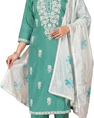 ladyline Womens Rayon Chikankari Salwar Kameez Lucknowi Embroidered with Silk Dupatta