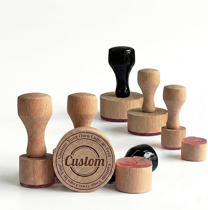 71TPbLW5ZxL._AC_SX679_.jpg Personalized Stamp with Logo Name - Custom Rubber Stamp with Wood Handle Customized Soap Stamps Multiple Size for Business - Round 1 - Image 1