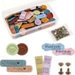 120Pcs Handmade Leather Labels with Hole, Microfiber Crochet Tags for Handmade Items, Artificial Colorful Leather Labels with 80Pcs Rivets, Embossed Sew on Tag Suitable for Scarves Hat Glove