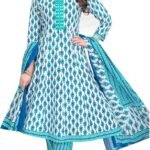 ladyline Womens Cotton Anarkali Salwar Kameez Suit Set | Printed Flared Kurta, Pants & Lawn Dupatta | Evening & Festive Wear