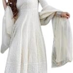 Women's Off White Chikankari Cotton Anarkali Indian Kurti For Women Summer Dress Kurta With Dupatta Set