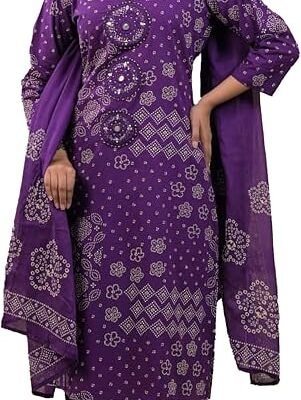 ladyline Bandhani Printed Hand Work Pure Cotton Salwar Kameez | Kurta Palazzo Pants Set with Dupatta | Kantha & Mirror Work