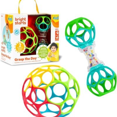 Bright Starts Easy-Grasp Oball Bundle Gift Set - Grasp The Day, Ball and Rattle Toys 2-Pack, BPA Free, Unisex, Newborn+