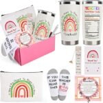 Christmas Gifts for Teacher,Teacher Appreciation Gifts for Women, Best Teacher Thank You Gifts Set, Include 20 OZ Insulated Tumbler,Makeup Bag,Socks,Feather Bookmark (White)