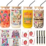 16 Pieces Teacher Appreciation Gifts in Bulk 4 Set, Thank You Teacher Gifts with 4 16 Oz Glass Cup, 4 Makeup Bag, 4 Pens, 4 Greeting Cards, End of Year, Graduation, Christmas Gift for Teachers