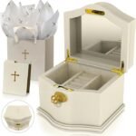 Baptism Gifts for Girl | First Communion Gifts for Girls-Keepsake Jewelry Box with Gift-Ready Bundle | Christian-Themed Baptism Jewelry Organizer with Gift Bag, Card, & Tissue