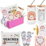 Christmas Gifts for Teacher,Teacher Appreciation Gifts for Women, Best Teacher Thank You Gifts Set, Include 16 OZ Glass,Makeup Bag,Socks,Feather Bookmark (Teacher Gift)