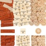 350 Pcs/Set (100 Pcs Leather Handmade Labels + 100 Pcs Fabric Handmade Labels + 150 Pcs Wooden Buttons 15mm 20mm 25mm) for Knitting, Crafting and Sewing