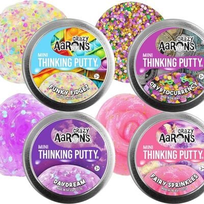 Matty's Toy Stop Crazy Aaron's Putty Mini Tins Funky Fidget, Daydream, Cryptocurrency & Fairy Sprinkles Gift Set Bundle - 4 Pack (13.3g Each)